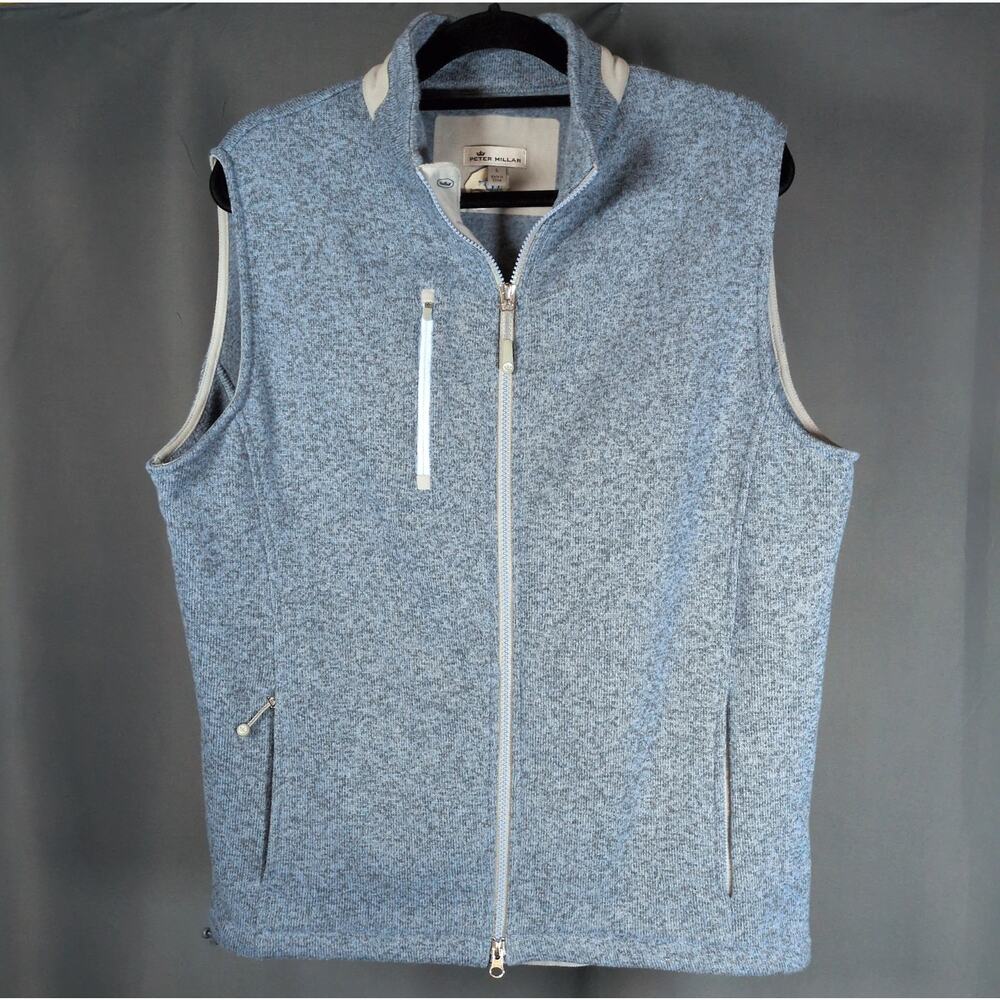 Peter Millar Men's Large Full Zip Light Blue Golf Fleece Legacy Sweater Vest Lg